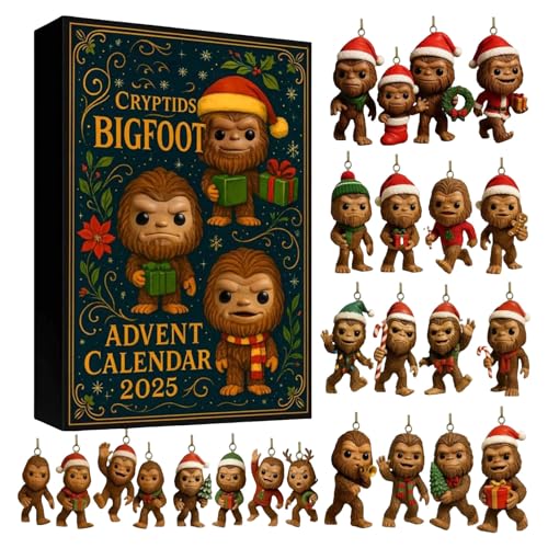 Bigfoot Adventskalender 2025, 24 Tage Festliche Bigfoot Figuren mit Weihnachtsmützen und Pullovern, Weihnachtsbox zum Sammeln und Ausstellen, um den Weihnachtsbaum und die Cryptide-Fans zu dekorieren von Corlidea
