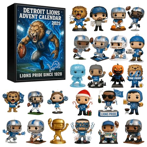 Detroit Lions Adventskalender, 24 Mini-Ornamente zum Dekorieren des Weihnachtsbaums, Countdown bis Weihnachten Lions de Detroit klassische Figuren zum Sammeln, Dekoration für Weihnachtsbaum von Corlidea