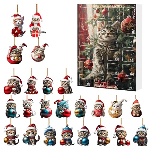 Katze 2025 Weihnachts-Adventskalender zum Aufhängen, 24 Tage Adventskalender für 2D-Acryl-Weihnachtsbaum-Dekoration, Katzenanhänger für Katzenliebhaber von Corlidea