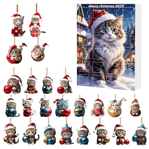 Katze 2025 Weihnachts-Adventskalender zum Aufhängen, 24 Tage Adventskalender für 2D-Acryl-Weihnachtsbaum-Dekoration, Katzenanhänger für Katzenliebhaber von Corlidea
