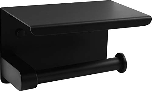 Cornat WC-Papierhalter-Mit Ablage 143 x 100 mm-2 Verschiedene Befestigungsoptionen mit Klebepad & Bohren Stahl/Klopapierhalter/Toilettenpapierhalterung / T364205, Schwarz (matt), 143 x 100 x 95 mm von Cornat