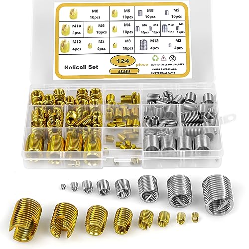 Selbstschneidender Gewindeeinsatze Gewinde Reparatur Set, Gewindereparatursatz Reparatur Einsatz M2 M3 M4 M5 M6 M8 M10 M12 Heli Coil für Metall- und Kunststoffverarbeitenden Industrie (124 Stk) von Corpower