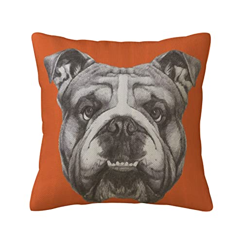 Kissenbezüge aus Baumwollleinen,Hund handgezeichnetes Porträt der englischen Bulldogge niedlicher Welpe Retro Tier lustiges cooles, Quadratischer Kissenbezug Home Sofa Dekoration Kissenbezug 18 "x 18" von Correngo