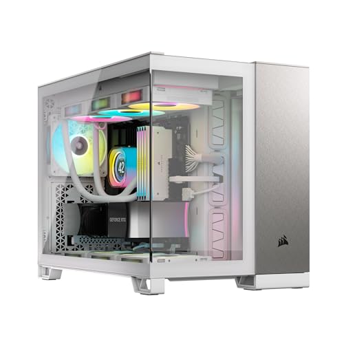 CORSAIR 2500X Small-Tower mATX-Doppelkammer-PC-Gehäuse – Gehärtetes Panoramaglas - Umgekehrte Verbindung Motherboard-Kompatibel – Keine Ventilatoren Inbegriffen – Weiß/Satin-Grau Aluminium von Corsair