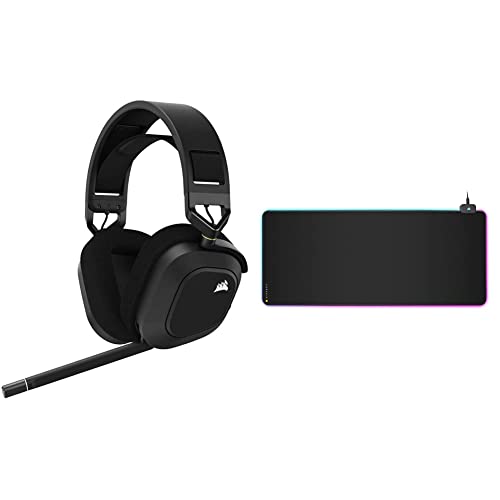 Corsair HS80 RGB Wireless Premium-Gaming-Headset mit Dolby Atmos, Carbon & MM700 RGB Extended Gaming-Mauspad mit Stoffoberfläche (Dynamische 360°-DREI-Zonen-RGB-Beleuchtung, 930 × 400 mm,) Schwarz von Corsair