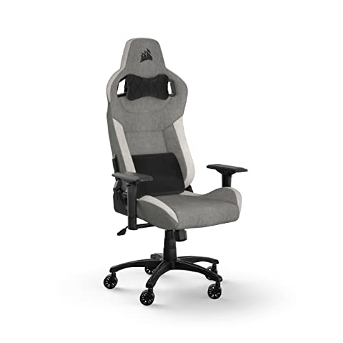 Corsair T3 RUSH Fabric (2023) Gaming Sessel - Inspiriert vom Automobilsport - Bezug aus weichem Stoff - Abnehmbares Nackenkissen und Lendenwirbelstütze aus Memory-Schaum - Grau und Weiß von Corsair