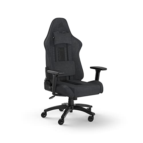 Corsair TC100 Relaxed-Gaming-Stuhl – Stoff – Vom Rennsport inspiriertes Design – Lendenkissen – Abnehmbares Nackenkissen aus Memory-Schaumstoff – Verstellbare Armlehnen – Grau und Schwarz von Corsair