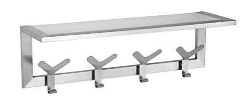 Cortesi Home Milton modernes Edelstahl-Mehrzweck Hakenleiste/Rack mit Glas Regal, aus gebürstetem Aluminium von Cortesi Home