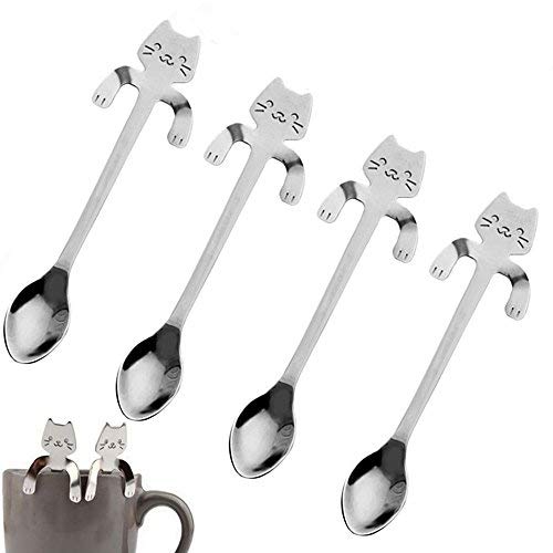 CosCosX Mini-Kaffee-Löffel aus Edelstahl, „Katze“, 4-teilig, für Tee, Suppe, Zucker, Dessert, Vorspeisen, Löffel zum Aufhängen, Küchen-Gadget von CosCosX