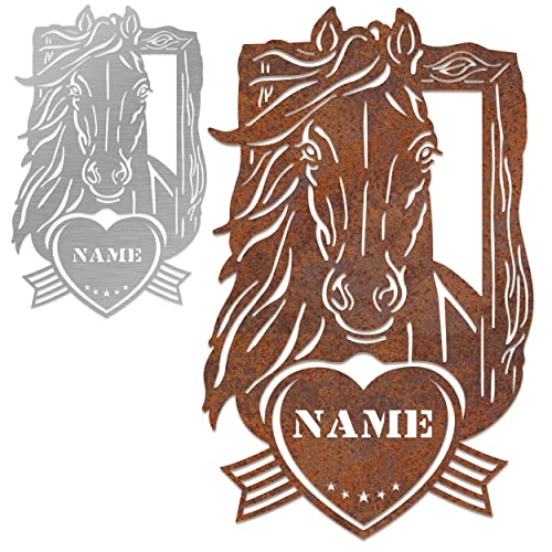 Cosch Edelstahl Boxenschild für Pferde - Personalisiertes Edelstahl/Edelrost Pferdekopf Herz - Namensschild für Pferde - Stalltafel Pferd für Pferdeliebhaber von Cosch Edelstahl