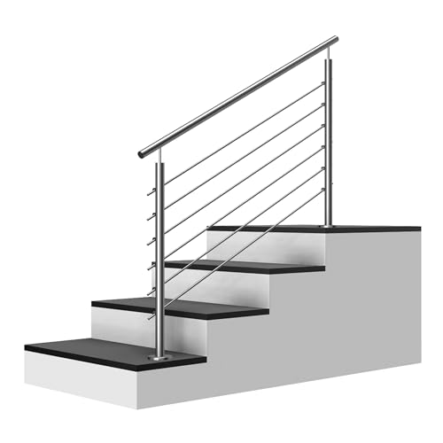 Edelstahl Treppengeländer Aufmontage, 1,6m lang, 0,9m hoch, Außengeländer, je 2 Pfosten + 6 Querstreben + Handlauf mit Trägerplatten + Zubehör, Winkelverstellbar (L:1600mm H:900mm) von Cosch Edelstahl