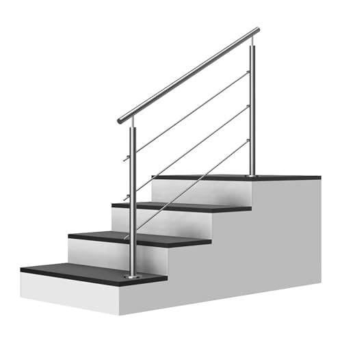 Edelstahl Treppengeländer Aufmontage, 1,9m lang, 0,9m hoch, Außengeländer, je 2 Pfosten + 3 Querstreben + Handlauf mit Trägerplatten + Zubehör, Winkelverstellbar (L:1900mm H:900mm) von Cosch Edelstahl