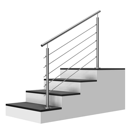 Edelstahl Treppengeländer Aufmontage, 2m lang, 0,9m hoch, Außengeländer, je 2 Pfosten + 5 Querstreben + Handlauf mit Trägerplatten + Zubehör, Winkelverstellbar (L:2000mm H:900mm) von Cosch Edelstahl