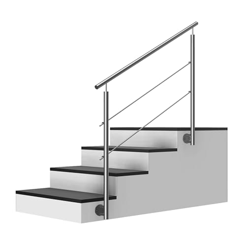 Edelstahl Treppengeländer Seitenmontage, 2m lang, 0,9m hoch, Außengeländer, je 2 Pfosten + 2 Querstreben + Handlauf mit Trägerplatten + Zubehör, Winkelverstellbar (L:2000mm H:900mm) von Cosch Edelstahl
