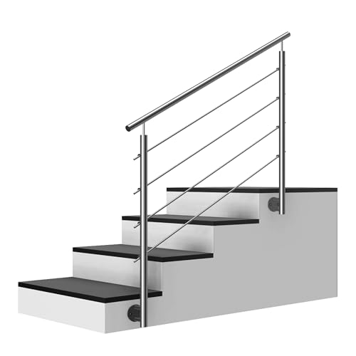 Edelstahl Treppengeländer Seitenmontage, 2m lang, 0,9m hoch, Außengeländer, je 2 Pfosten + 4 Querstreben + Handlauf mit Trägerplatten + Zubehör, Winkelverstellbar (L:2000mm H:900mm) von Cosch Edelstahl