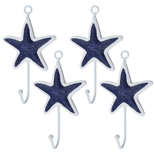 Coshar Dekorative Haken zum Aufhängen, tiefblaue Seesternform, Küstenhandtuchhaken, Metall, Strandtuchhaken für Mäntel, Taschen, Handtücher, 4 Stück von Coshar