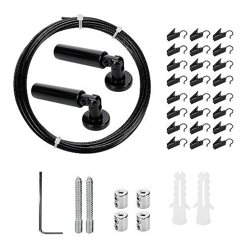 Coshar Vorhang-Drahtstange-Set, 4,8 m langer Draht, Wäscheleinendraht, Vorhang-Aufhängesystem, verstellbares Vorhang-Drahtstangen-Set, mit 24 Clips, Schwarz von Coshar