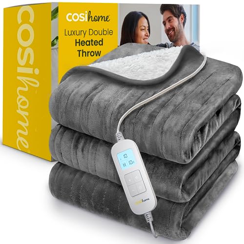 Cosi Home Heizdecke 200 x 150 cm - Elektrische Wärmedecke mit Abschaltautomatik, Überhitzungsschutz, Waschbar, Kuscheliges Sherpa & Fleece, 10 Heizstufen mit digitaler Fernbedienung - Grau von Cosi Home