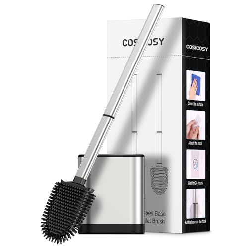 COSICOSY Toilettenbürste, Edelstahl Silikon Toilettenbürste und Halter Flexible Weiche Silikon Toilettenbürste für Tiefenreinigung mit langem Griff Wandmontage Silber von Cosicosy