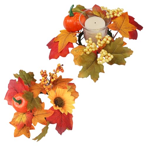 2 Pcs Herbst Kranz Kerzenringe, künstliche Ahornblatt Kerze Ring Halter Herbst Kerze Halter Halloween Kürbis Kranz Mini Herbst Kranz Girlande für Thanksgiving Tisch Centerpieces Herbst Dekorationen von Cosiesnest