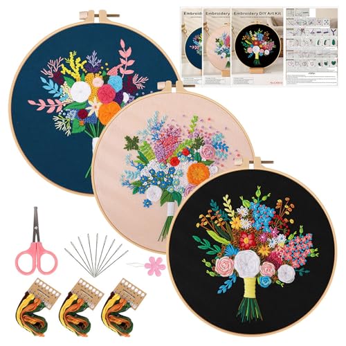Cosiesnest 3 Stickset für Anfänger Sticken Set Erwachsene Kreuzstich Set Vorgedruckt Handmade Embroidery Starter with Partten Blumen Embroidery Kit Craft Kits für Erwachsene von Cosiesnest