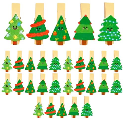 Cosiesnest 30 Stück Hölzerne Weihnachtsklammern, Mini-Fotohalter mit Juteschnur, Weihnachtsbaum und Eisbär Weihnachtskartenhalter, Fotodisplay Klammern für Weihnachtsbaum Wanddekoration (B) von Cosiesnest