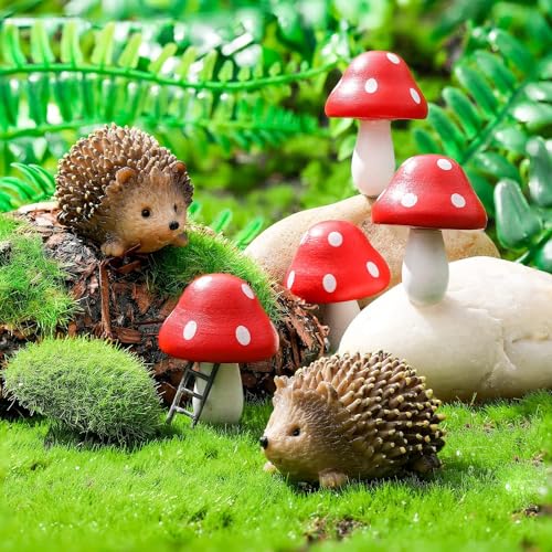 Cosiesnest 6 Stück Miniatur Fee Garten Zubehör, Harz Mini Igel und Pilz Mikro Landschaft Dekoration, Fee Outdoor Garten Figuren für Pflanze Töpfe Bonsai Handwerk Decor Supplies von Cosiesnest