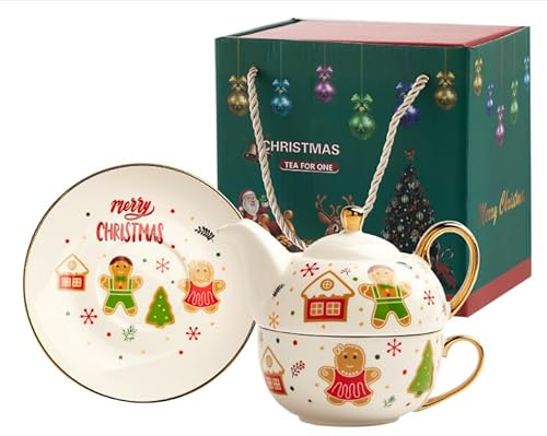 Teekanne Mit Tasse Keramik 1 Set Tasse Untertasse Lebkuchen-Weihnachtsmann-Teekanne im nordischen britischen Stil Milchbecher Kaffeekanne Weihnachtspaket in Präsentationsbox (Lebkuchenmann) von Cosiesnest
