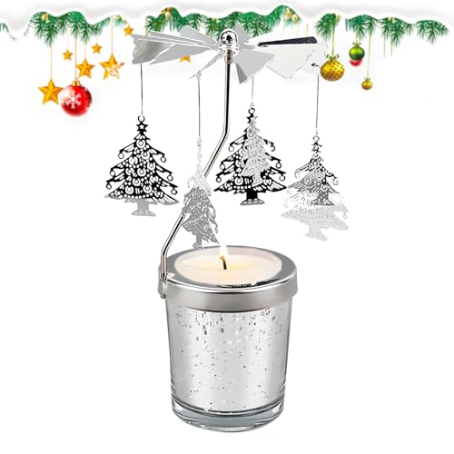 Weihnachten Teelichthalter, Metall Rotierende Kerzenhalter Weihnachtsbaum Weihnachtsmann Glas Spinning Kerzenhalter Silber Karussell Kerzenständer für Weihnachten Hochzeit Home Decoration (A) von Cosiesnest