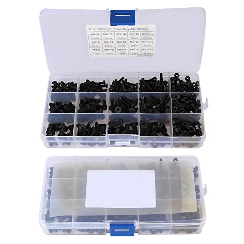 Cosiki Flache Schrauben, Sechskantkopfschrauben Schwarzer Flacher Kopfmutter 460pcs Sechskantbuchse Set Metrikschraube Sortiment Kohlenstoffstahl Kombination M3 M4 M5 von Cosiki