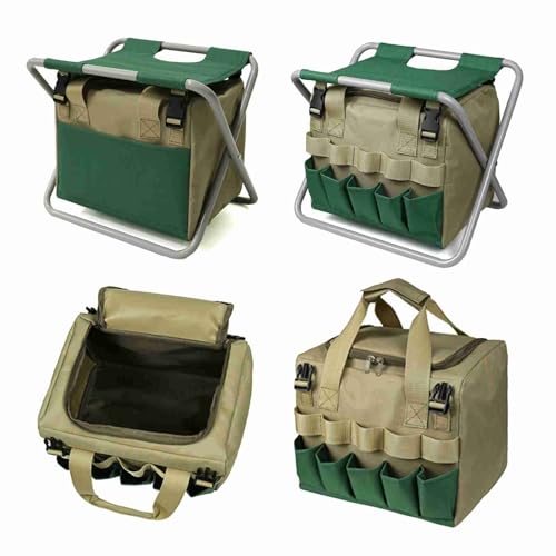 Cosiki Werkzeugtasche, Gartenwerkzeug Organizer Heavy Duty Gardening Tote Bag Gartenbeutel Gartenschürze mit Klappbarem Hocker Handwerkzeug Aufbewahrungstasche (Green) von Cosiki