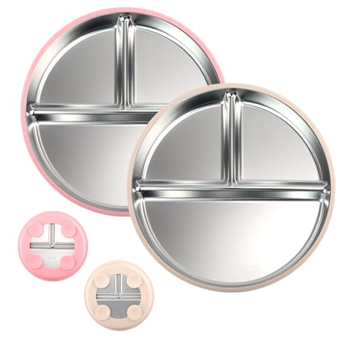 Cosmeria 2 stück Kinderteller Mit Saugnapf, Edelstahl Babyteller Mit Unterteilung, BPA-Free Für Babys Und Kleinkinder, Spülmaschinenfest(Gelb+Rosa) von Cosmeria