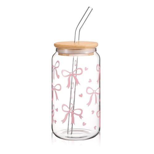 Cosmeria Glas Trinkbecher Mit Deckel Und Strohhalm, Eleganter 16 Oz Bow Cup Für Bubble Tea, Kaffee Oder Cocktail, Vielseitiges Und Stilvolles Trinkglas von Cosmeria