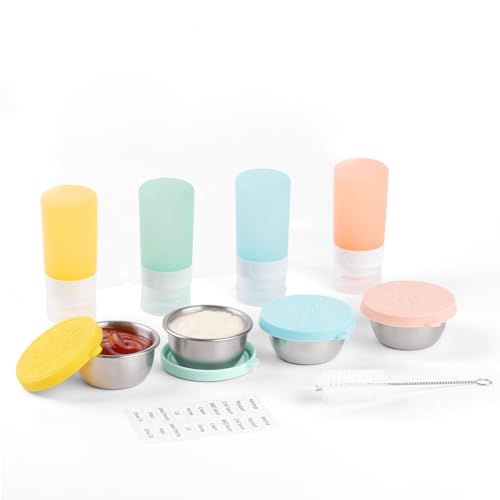 Cosmeria Sauce Containers Set Mit 4 Squeeze Flaschen Und 4 Edelstahlbehältern, Bunte 8er-Pack Meal Prep Boxen, Auslaufsicher Und Wiederverwendbar von Cosmeria