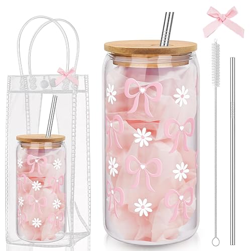 Cosmeria Trinkglas mit Strohhalm und Deckel, Ästhetisches Glas mit Geschenkbeutel, 16 oz Iced Coffee Cup, Wiederverwendbar für Smoothies, Boba Tee Cosmeria Trinkglas mit Strohhalm und Deckel, Ästhetisches Glas mit Geschenkbeutel, 16 oz Iced Coffee Cup, Wiederverwendbar für Smoothies, Boba Tee von Cosmeria