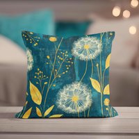 Dunkler Teal Löwenzahn Dekokissen - Modernes Dekoratives Blaugrünes Und Senfgelbes Teal-Kissenbezug Frühling Wohndekor von CosmiaDesigns