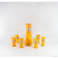 Jugendstil Limonade Set | Krug Und 6 Gläser Handbemalt Boho Glas Anfang Des 20. Jahrhunderts von CosmicDesignNL