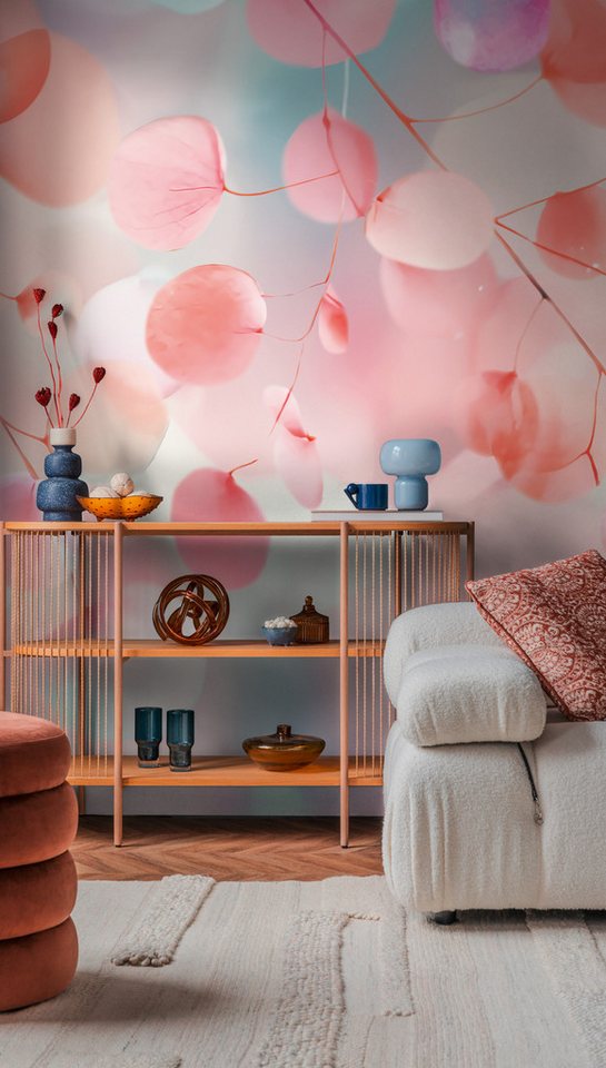 CosmoLiving by Cosmopolitan Vliestapete Fading Flora Fototapete, strukturiert, matt, (1 St), Pastellfarbene Blätter in Aquarelloptik von CosmoLiving by Cosmopolitan