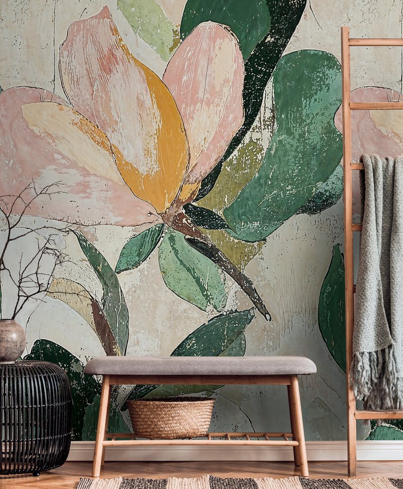 CosmoLiving by Cosmopolitan Vliestapete Lush Blossom Fototapete erweiterbar, strukturiert, matt, (1 St), Florales Design im künstlerischen Used-Look von CosmoLiving by Cosmopolitan