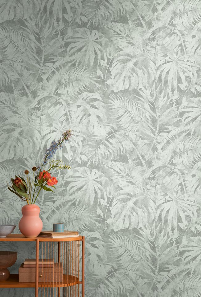 CosmoLiving by Cosmopolitan Vliestapete Palma Green Fototapete erweiterbar, strukturiert, matt, (1 St), Tropische Blätter in sanftem Grün von CosmoLiving by Cosmopolitan