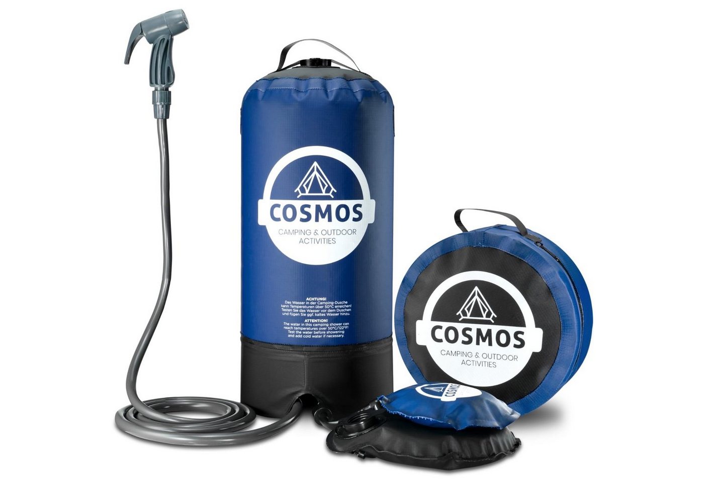 Cosmos Premium Products Gartendusche Cosmos Campingdusche - Tragbare Aussendusche mit Fuß-Wasserpumpe, Wasserbehälter aus 500D-PVC-Gewebe,2 Meter Schlauch inkl. Duschbrause von Cosmos Premium Products
