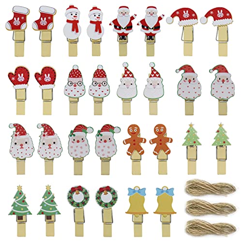 Wäscheklammern Weihnachten Foto Clips 30 Stücke Mini Holzklammern Deko Weihnachten Mini Holzwäscheklammer Mini Holzklammern Weihnachten Filz Für Fotos mit Juteschnur (15 pcs Muster Miniklammern) von Cosmpeak