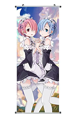 CosplayStudio Großes Re:Zero Rollbild | Kakemono aus Stoff | Poster 100x40cm | Motiv: Ram & Rem von CosplayStudio