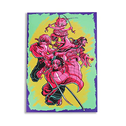 CosplayStudio Hochwertiges Demon Slayer Wandbild mit Tanjiro und Co. | Retro Neon auf Hartschaumplatte | Kimetsu no Yaiba Poster | 30x42cm von CosplayStudio