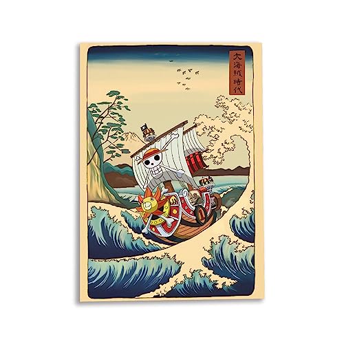 CosplayStudio Hochwertiges One Piece Wandbild | Thousand Sunny auf Hartschaumplatte | Poster im Hokusai Stil | 30x42cm von CosplayStudio