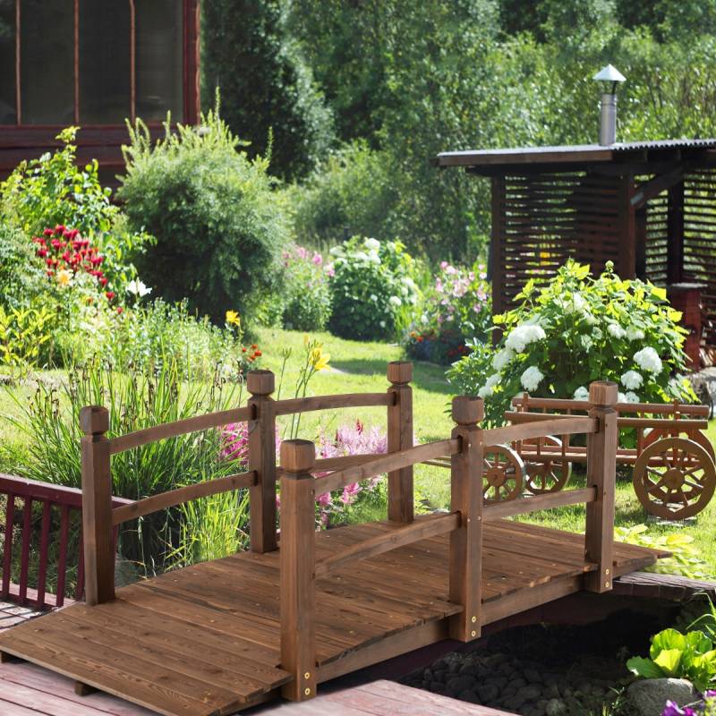 1,7 m lange Gartenbrücke aus Holz Dekorativer Teichsteg mit Absturzsicherung 180 kg Belastbar von Costway