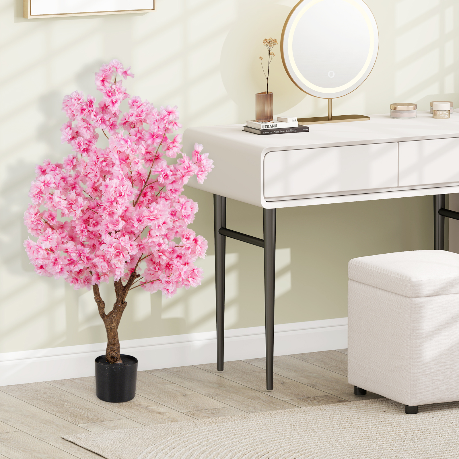 120 cm Künstlicher Kirschblütenbaum Faux blühender Blumenbaum mit Rosa Blüten mehrzweig PE-Stamm von Costway