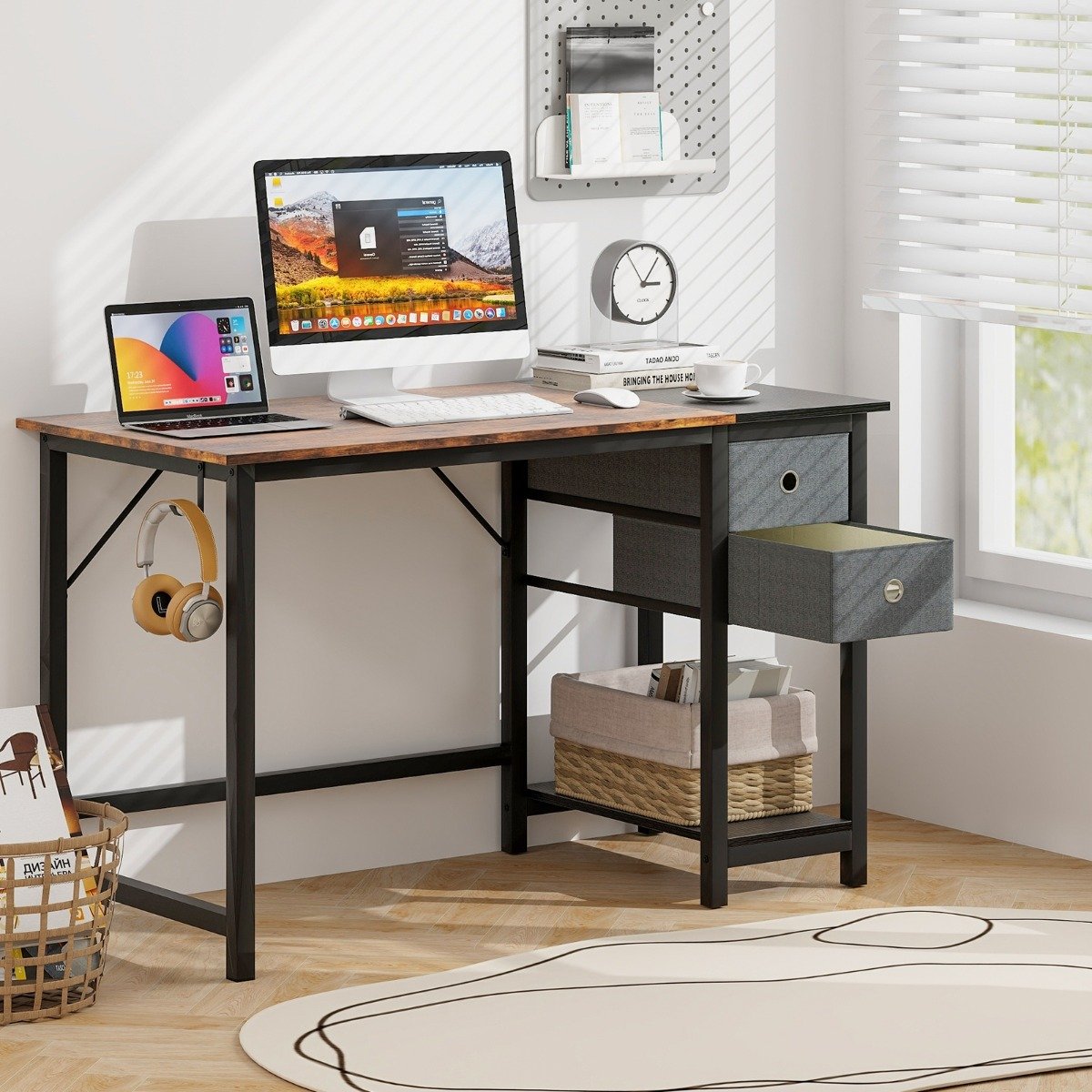 120 cm Langer Schreibtisch mit 2 Schubladen & Kopfhörerhaken & Ablagefach Computertisch von Costway