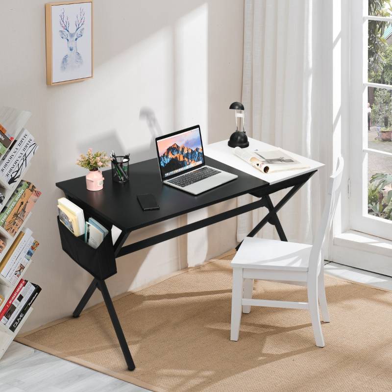 120 cm langer Schreibtisch mit Würfelschublade & Seitentasche Computertisch Schwarz+ Weiß von Costway