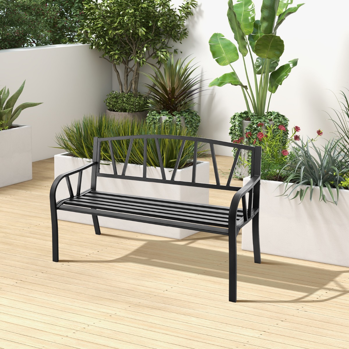 128 cm Lange Sitzbank Gartenbank mit Metallrahmen Schwarz von Costway